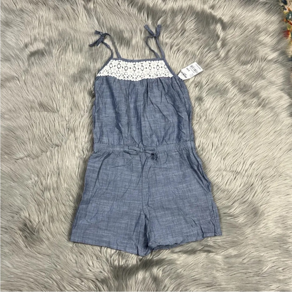 Oshkosh Bgosh Girls Chambray Blue White Romper Size 6/6X